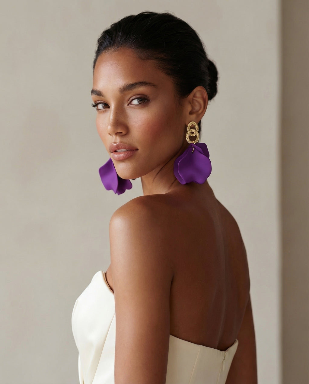 Floral Charm Drop Earrings - Purple