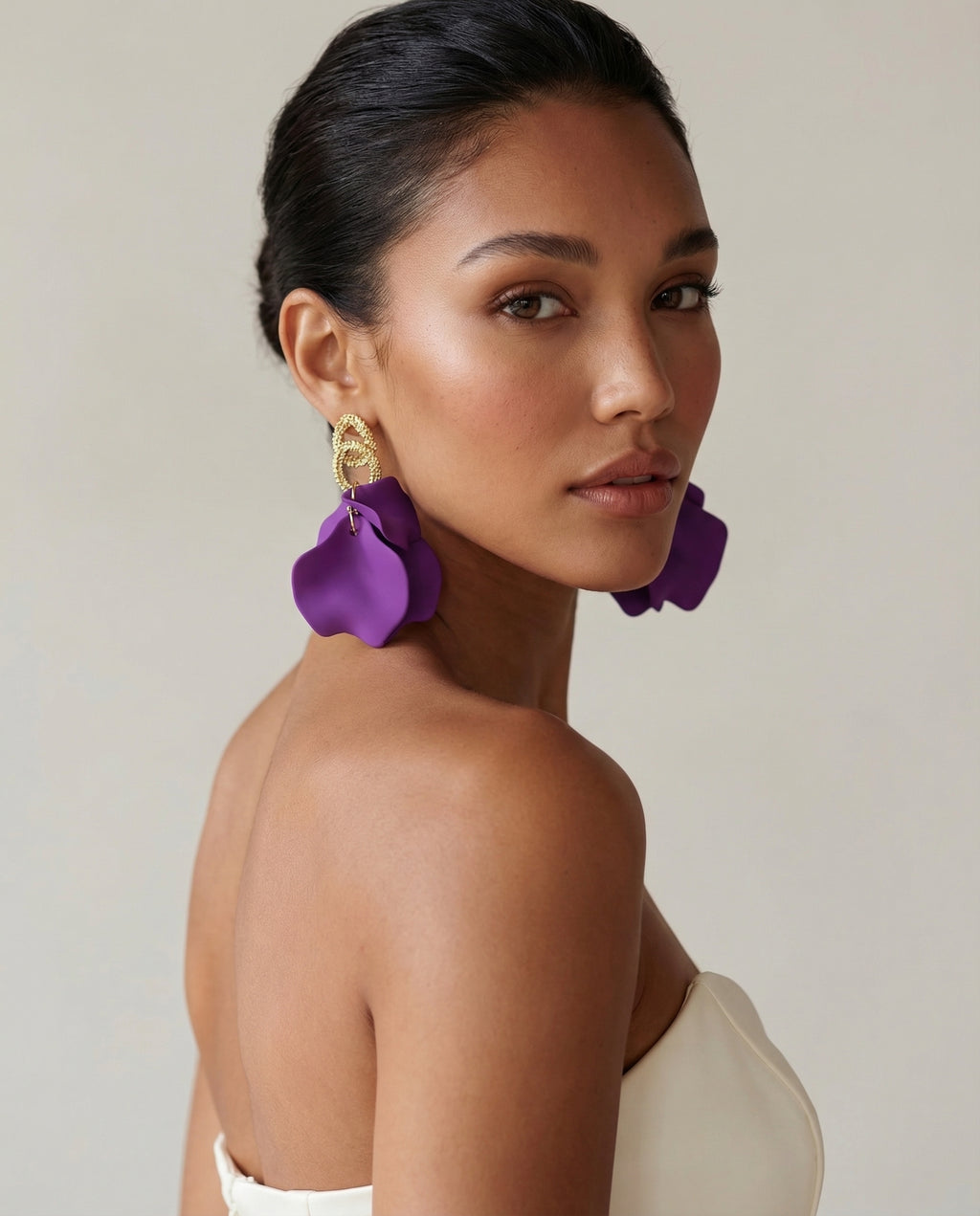 Floral Charm Drop Earrings - Purple