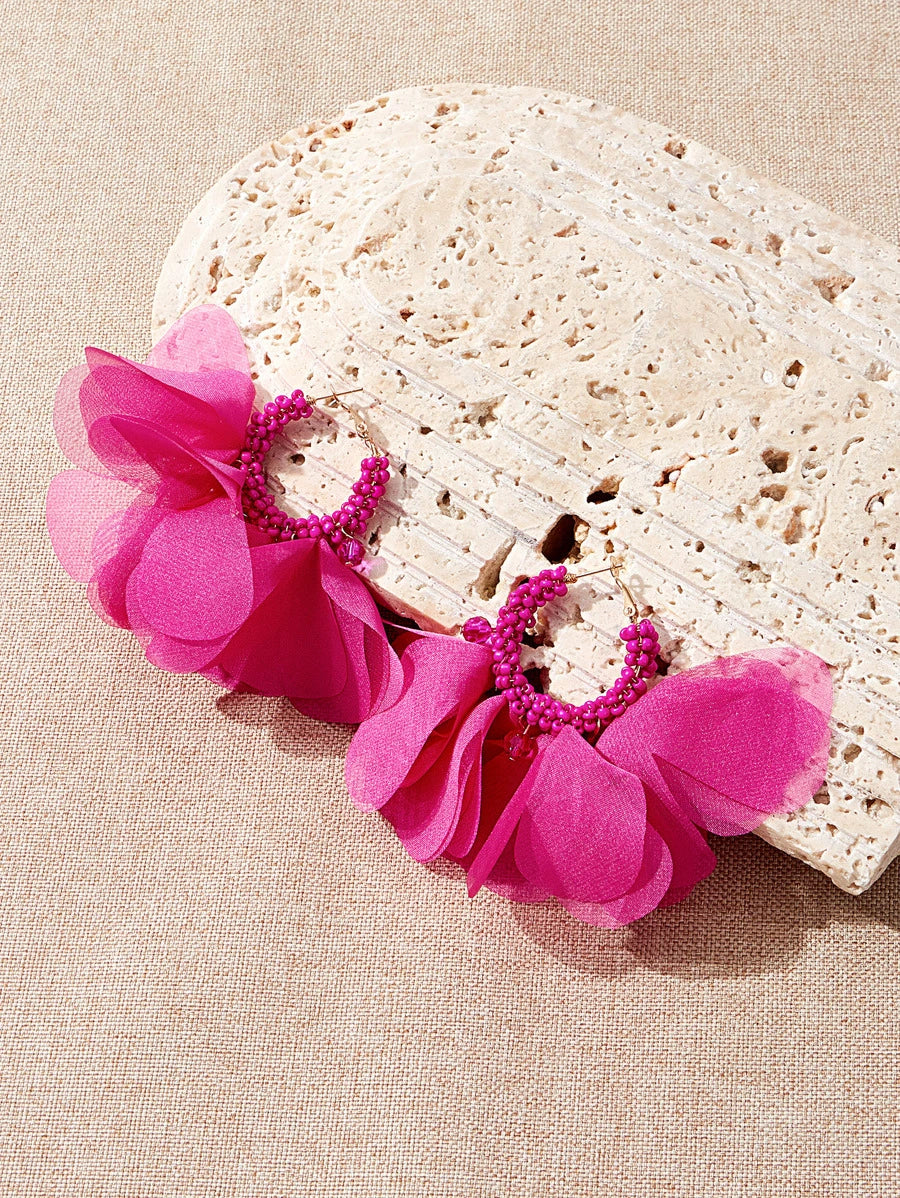 Petal & Bead Decor Drop Earrings - Hot Pink