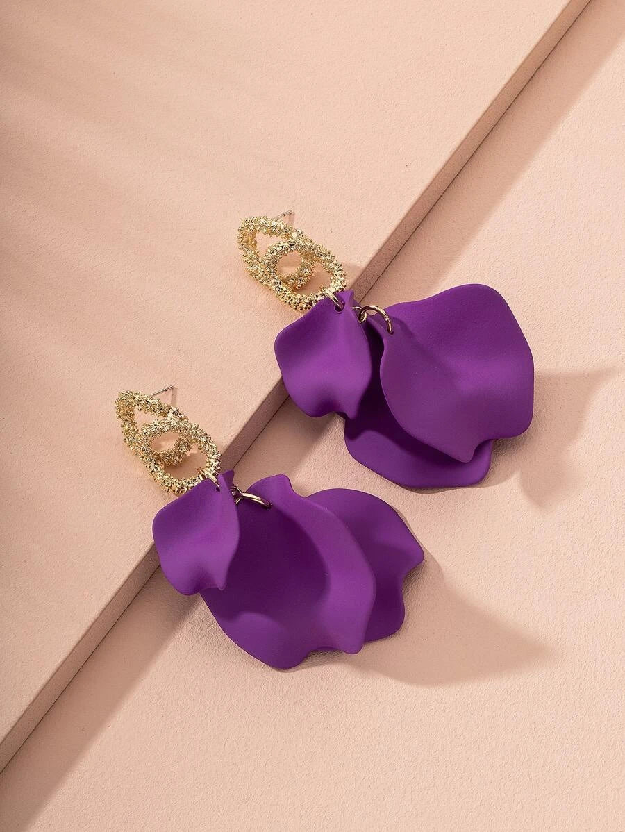 Floral Charm Drop Earrings - Purple