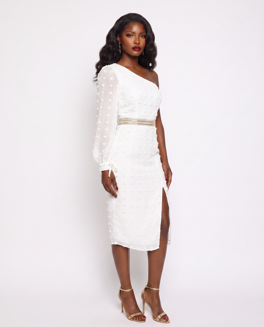"EPITOME OF CLASS" ONE SHOULDER MIDI PENCIL DRESS WITH THIGH SPLIT - WHITE