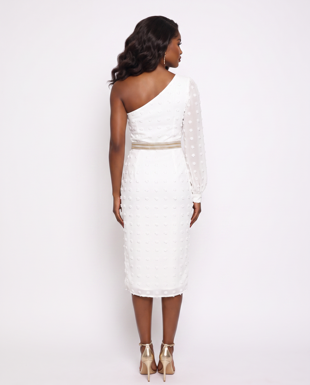 "EPITOME OF CLASS" ONE SHOULDER MIDI PENCIL DRESS WITH THIGH SPLIT - WHITE