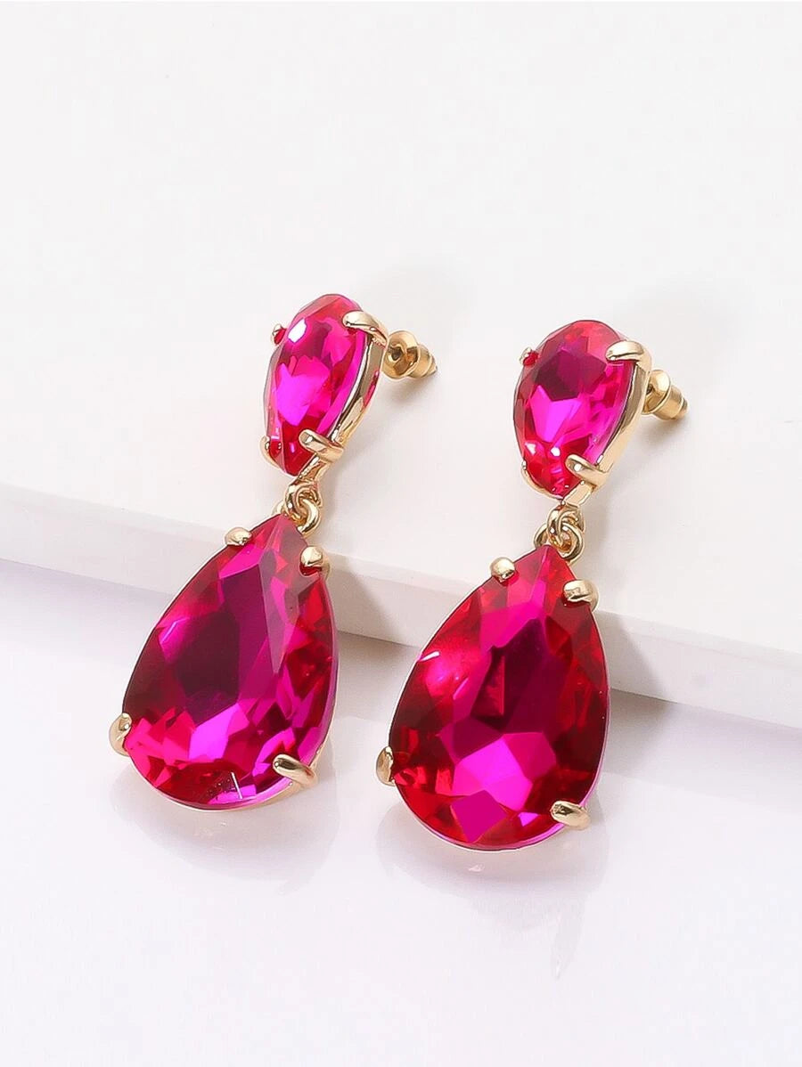 Rhinestone Waterdrop Earrings - Hot Pink