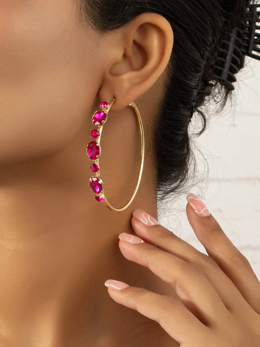Rhinestone Hoop Earrings - Hot Pink