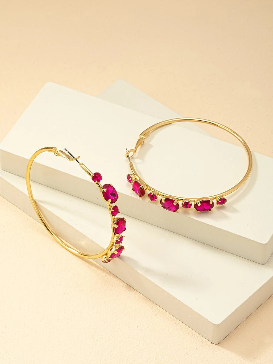 Rhinestone Hoop Earrings - Hot Pink