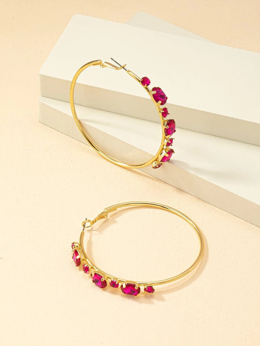 Rhinestone Hoop Earrings - Hot Pink