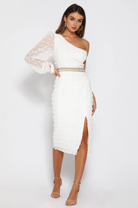 "EPITOME OF CLASS" ONE SHOULDER MIDI PENCIL DRESS WITH THIGH SPLIT - WHITE