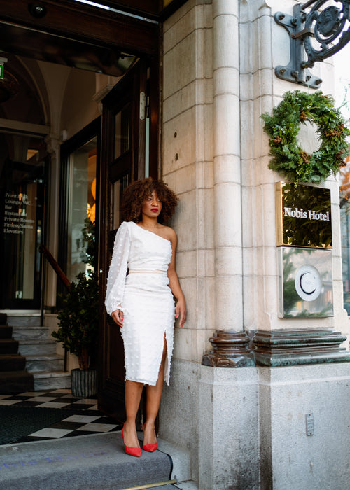 "EPITOME OF CLASS" ONE SHOULDER MIDI PENCIL DRESS WITH THIGH SPLIT - WHITE