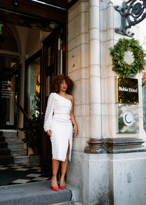 "EPITOME OF CLASS" ONE SHOULDER MIDI PENCIL DRESS WITH THIGH SPLIT - WHITE