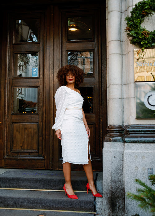 "EPITOME OF CLASS" ONE SHOULDER MIDI PENCIL DRESS WITH THIGH SPLIT - WHITE