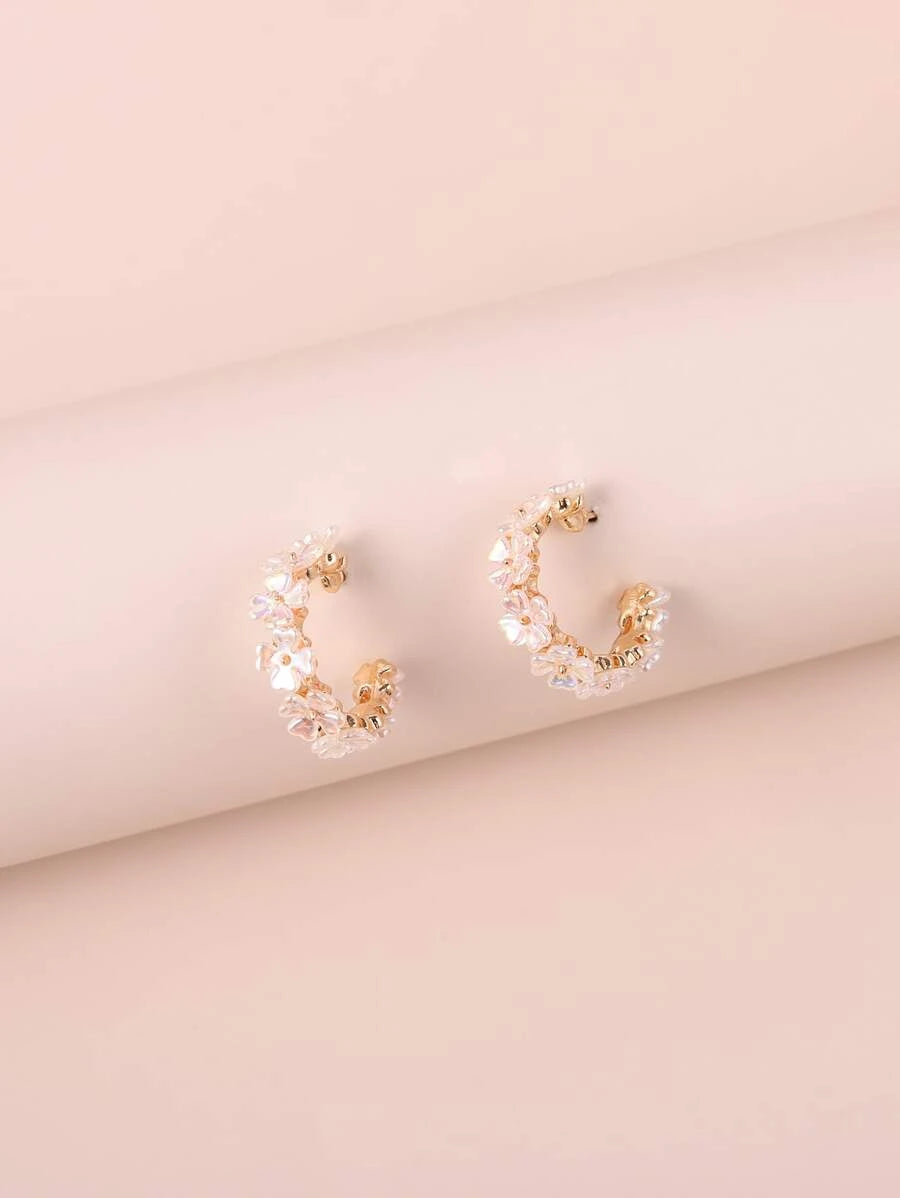 Flower Decor Cuff Hoop Earrings - WHITE