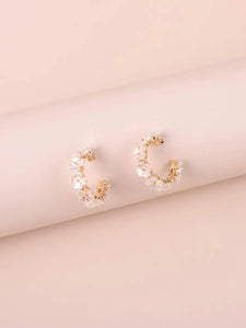 Flower Decor Cuff Hoop Earrings - WHITE