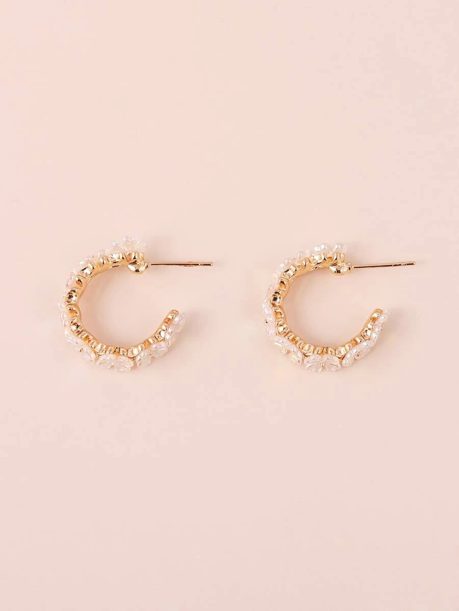 Flower Decor Cuff Hoop Earrings - WHITE