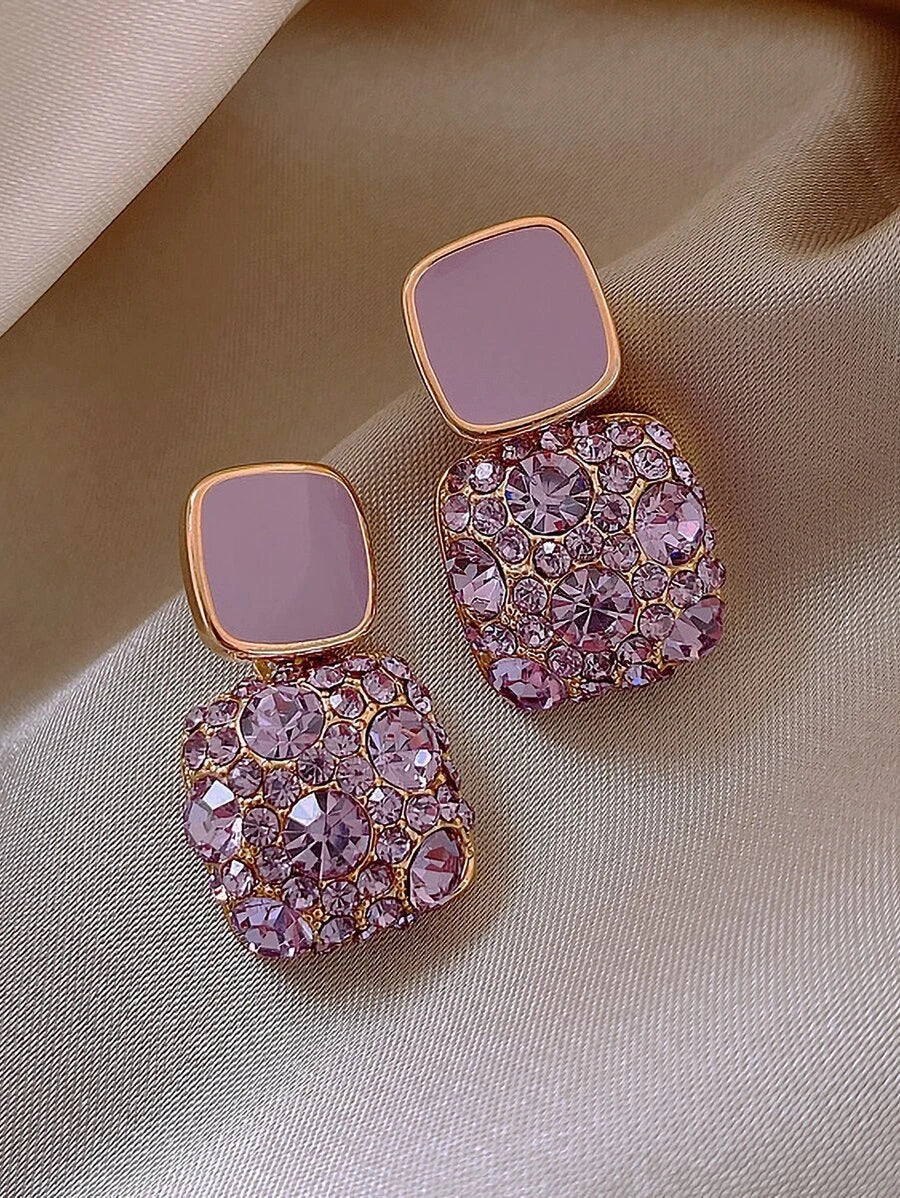 Rhinestone Geo Decor Earrings - Purple