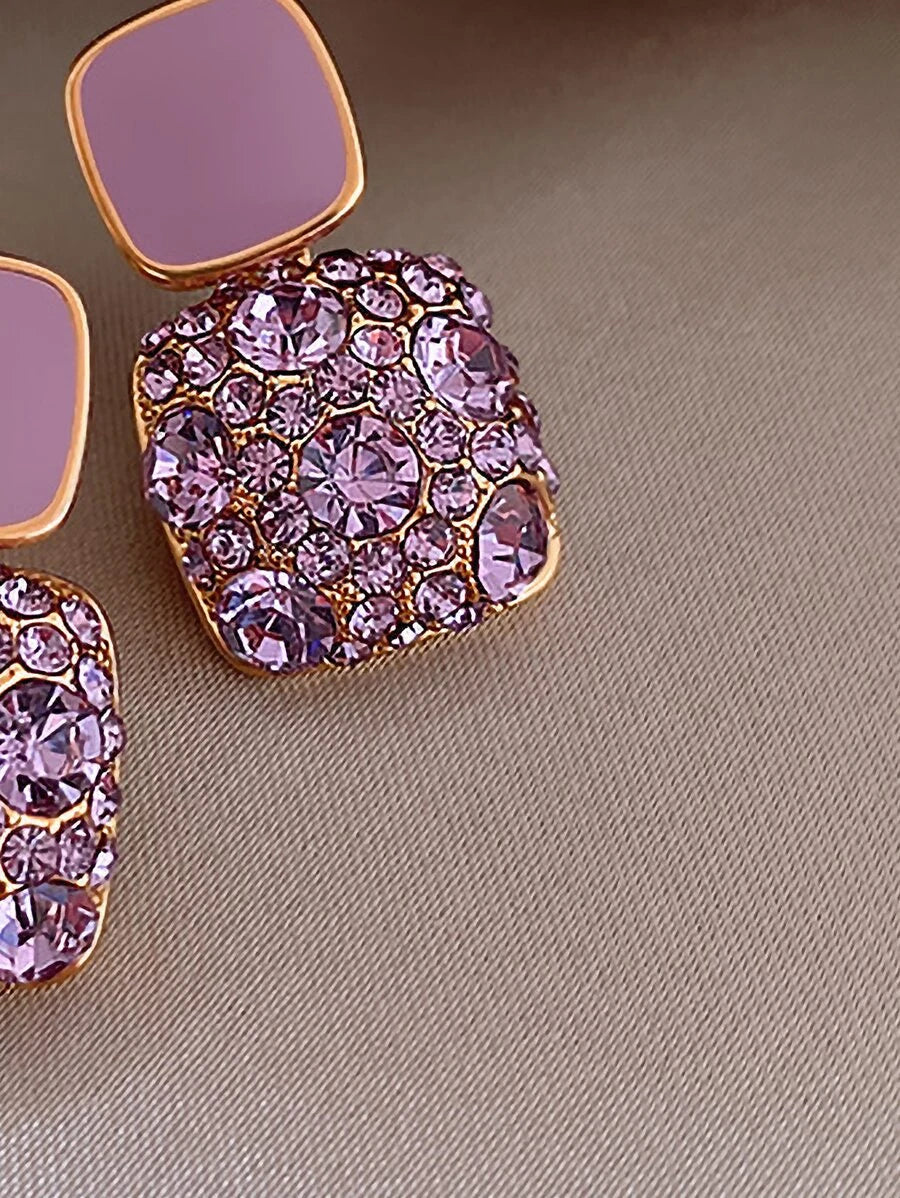 Rhinestone Geo Decor Earrings - Purple