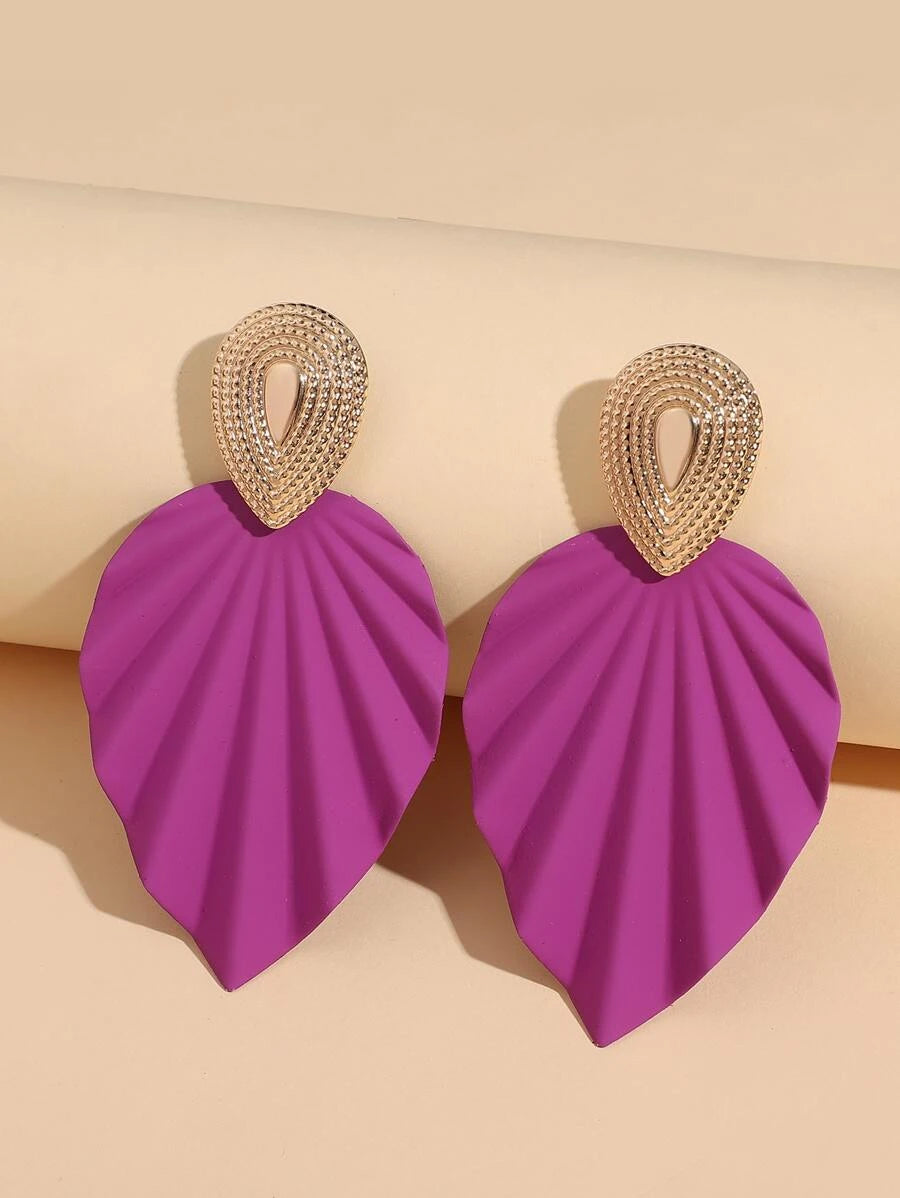 Two Tone Leaf Decor Drop Earrings - Purple