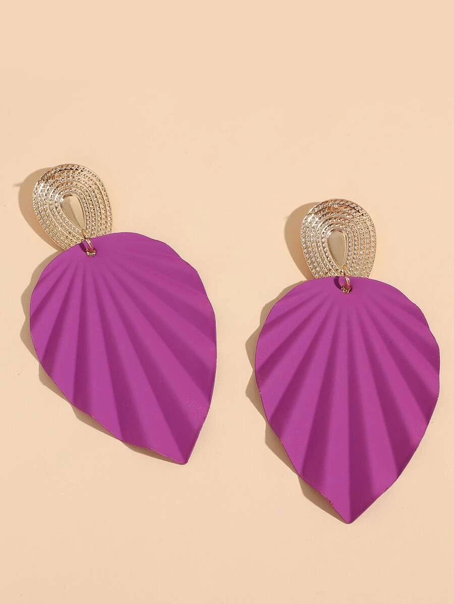 Two Tone Leaf Decor Drop Earrings - Purple
