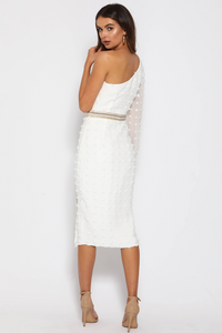 "EPITOME OF CLASS" ONE SHOULDER MIDI PENCIL DRESS WITH THIGH SPLIT - WHITE