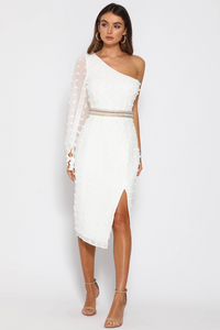 "EPITOME OF CLASS" ONE SHOULDER MIDI PENCIL DRESS WITH THIGH SPLIT - WHITE